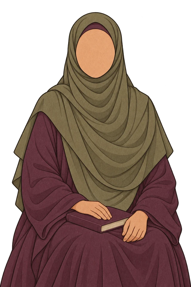 Front-facing illustrated woman in an olive khimar and plum abaya, holding a book