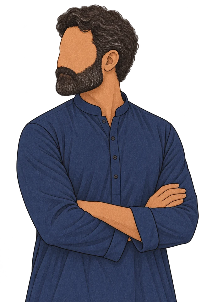 Left-facing illustrated man with a full beard in a navy kurta, arms loosely folded