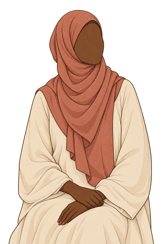 Faceless illustrated woman in a terracotta hijab and cream jilbab