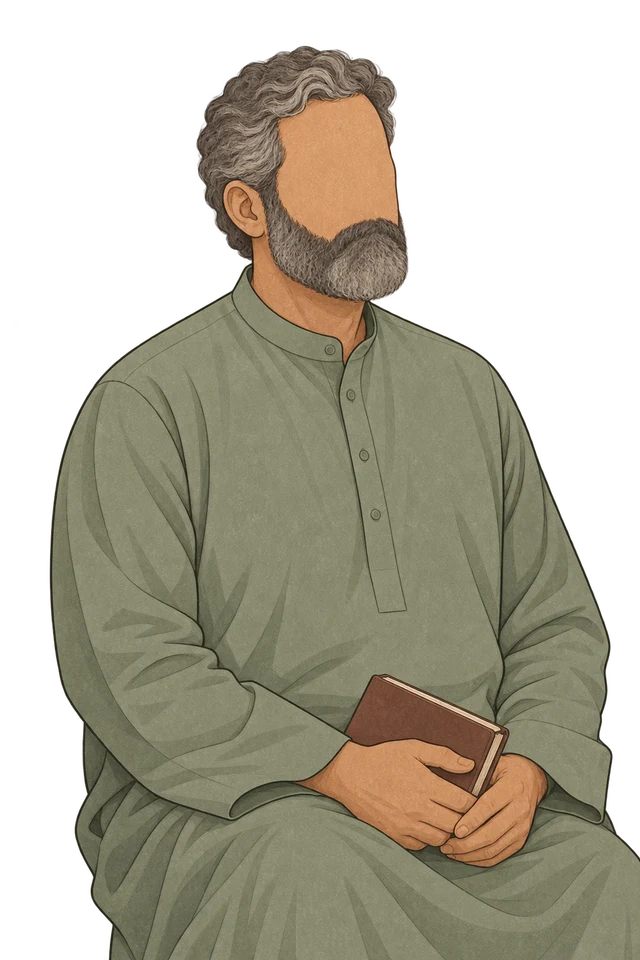 Faceless illustrated older man with a silver beard in a sage thobe