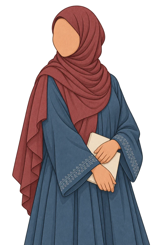 Left-facing illustrated woman in a burgundy hijab and blue abaya, holding a notebook